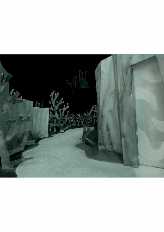 Main Shot: Photograph of the built model scene (based on the visual aesthetics of “The Cabinet of Dr. Caligari”, directed by Robert Wiene, Germany 1920)