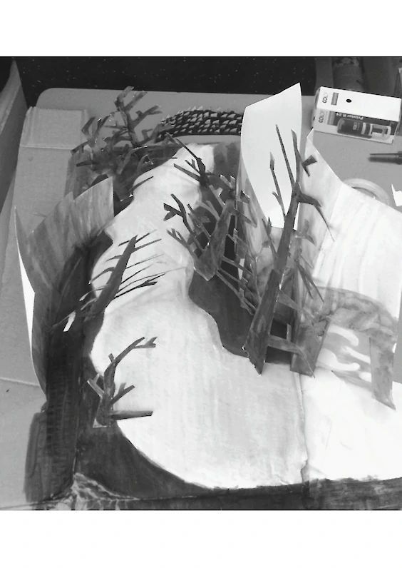 Main Shot: Photograph of the built model scene (based on the visual aesthetics of “The Cabinet of Dr. Caligari”, directed by Robert Wiene, Germany 1920)