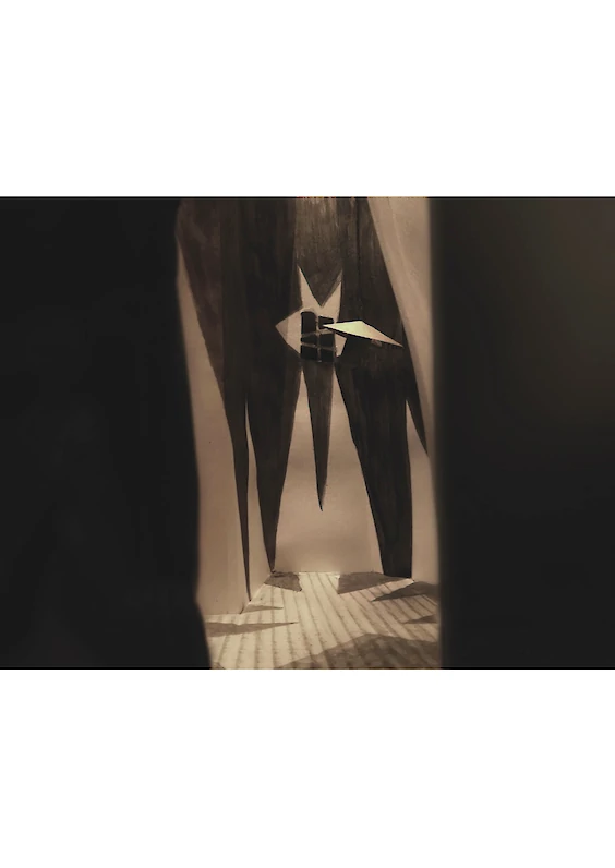 Main Shot: Photograph of the built model scene (based on the visual aesthetics of “The Cabinet of Dr. Caligari”, directed by Robert Wiene, Germany 1920)